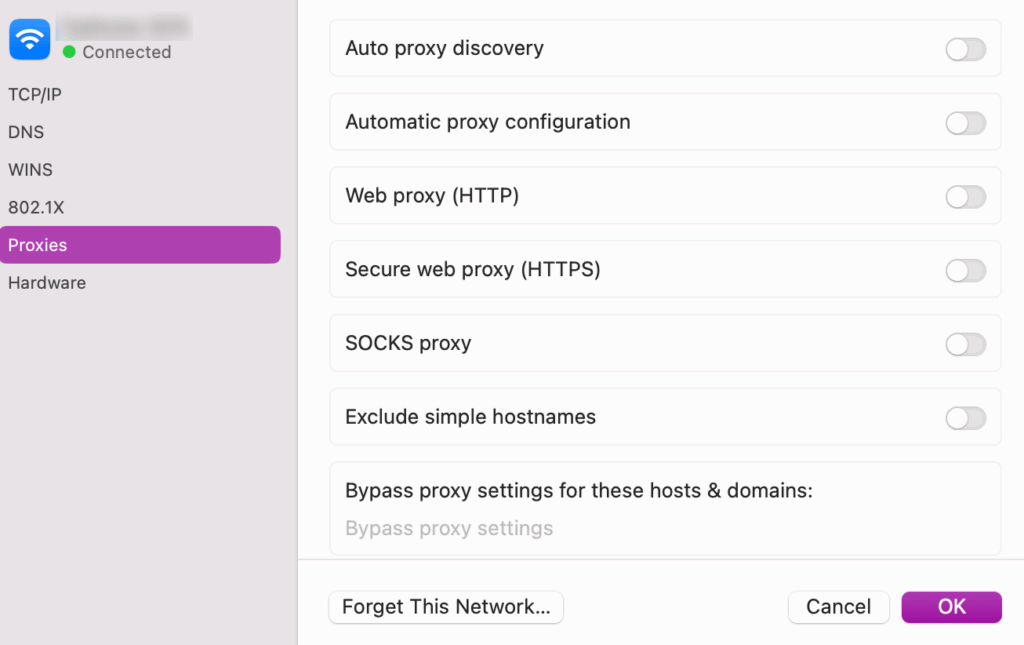 The Proxies tab in macOS