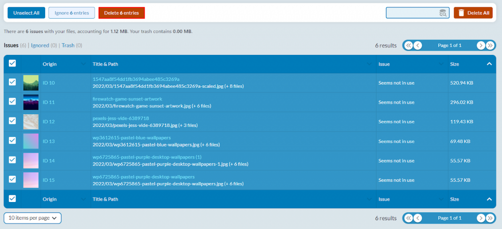 Selecting the images to delete in the WordPress media files using the Media Cleaner plugin.