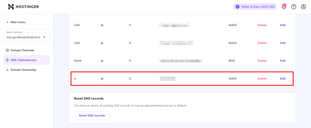 Custom domain DNS settings showing A record configuration