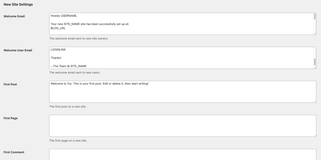 WordPress Network Settings showing New Site Settings section