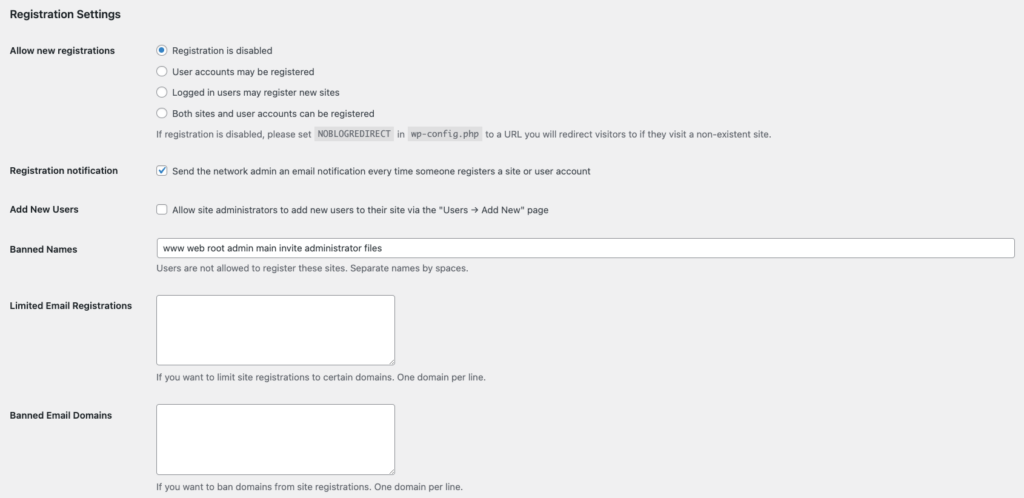 WordPress Network Settings showing Registration Settings options