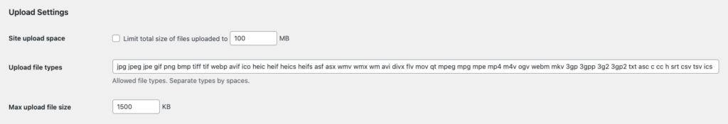 WordPress Network Settings showing Upload Settings section