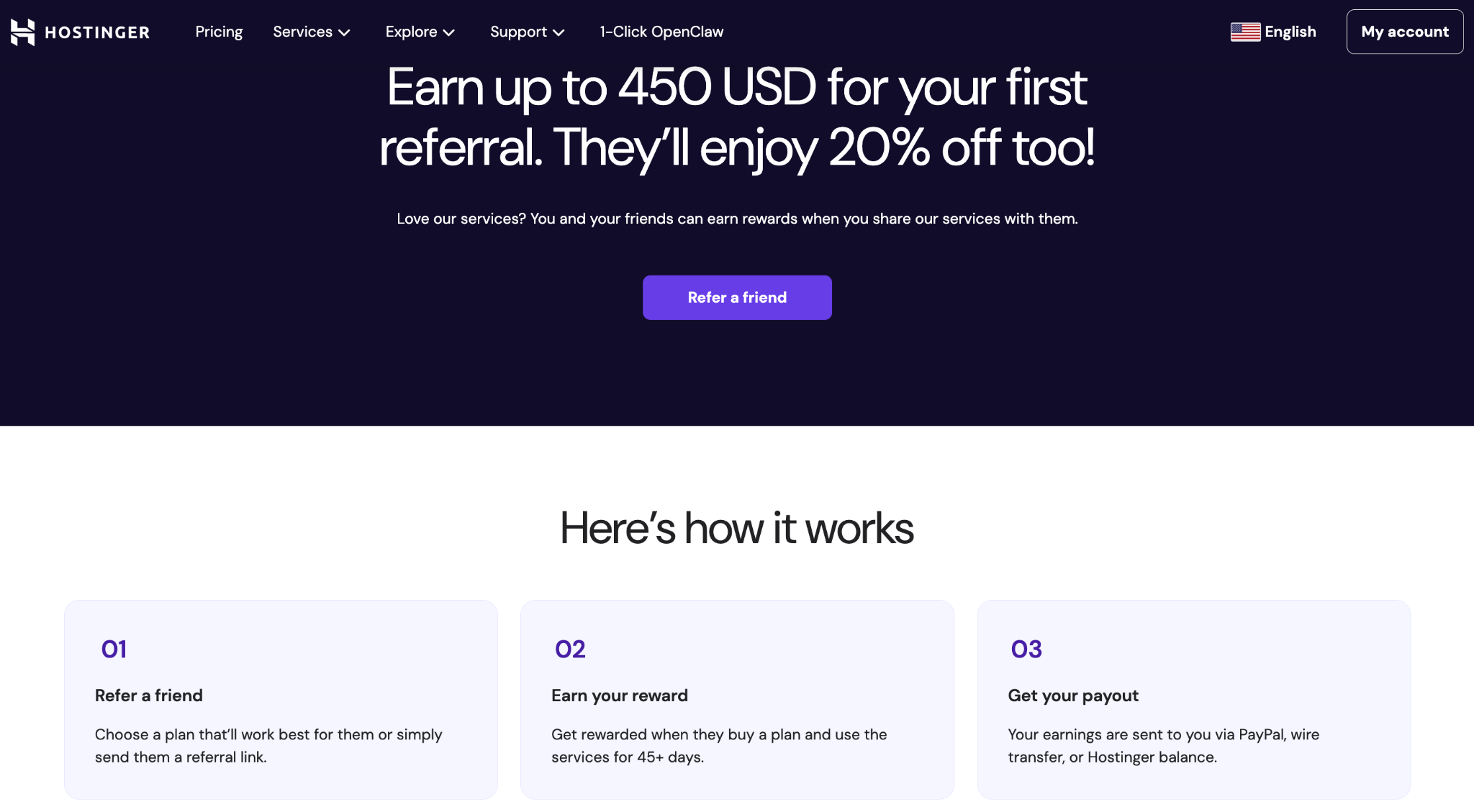 Homepage of Hostinger referral program