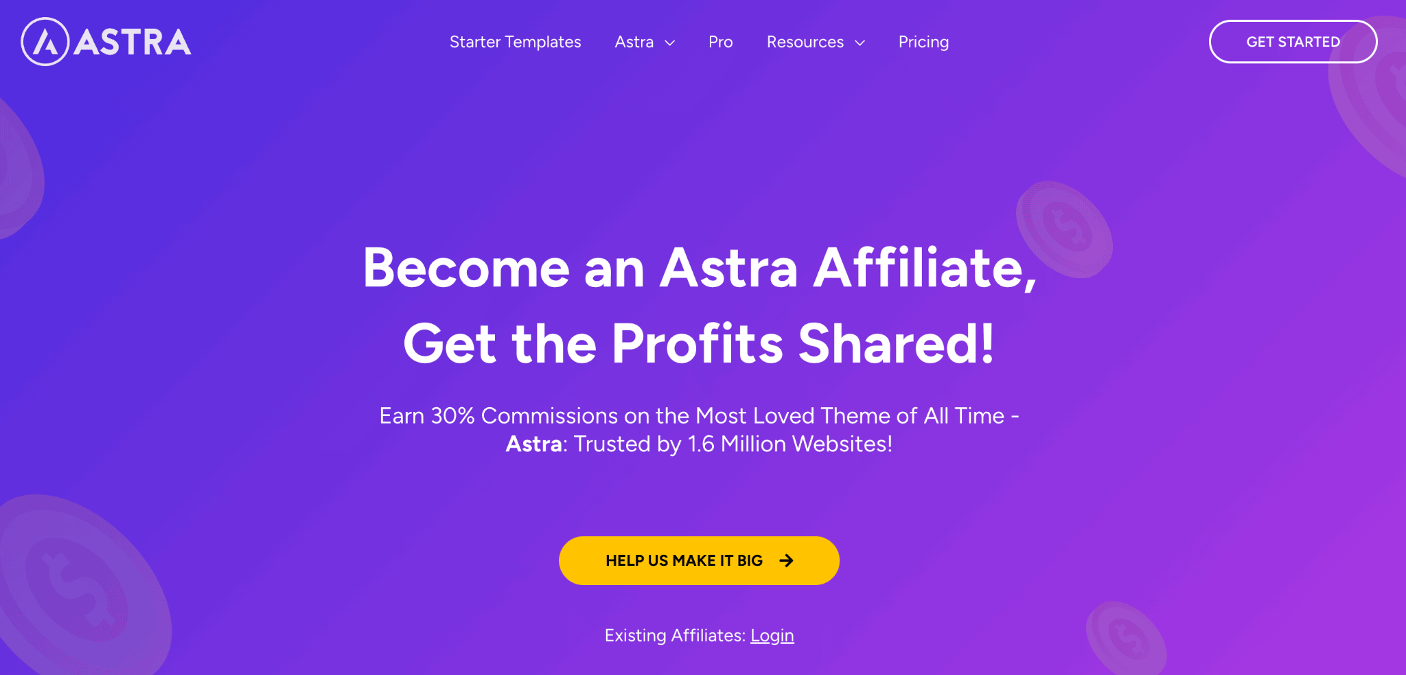Homepage of Astra affiliate program