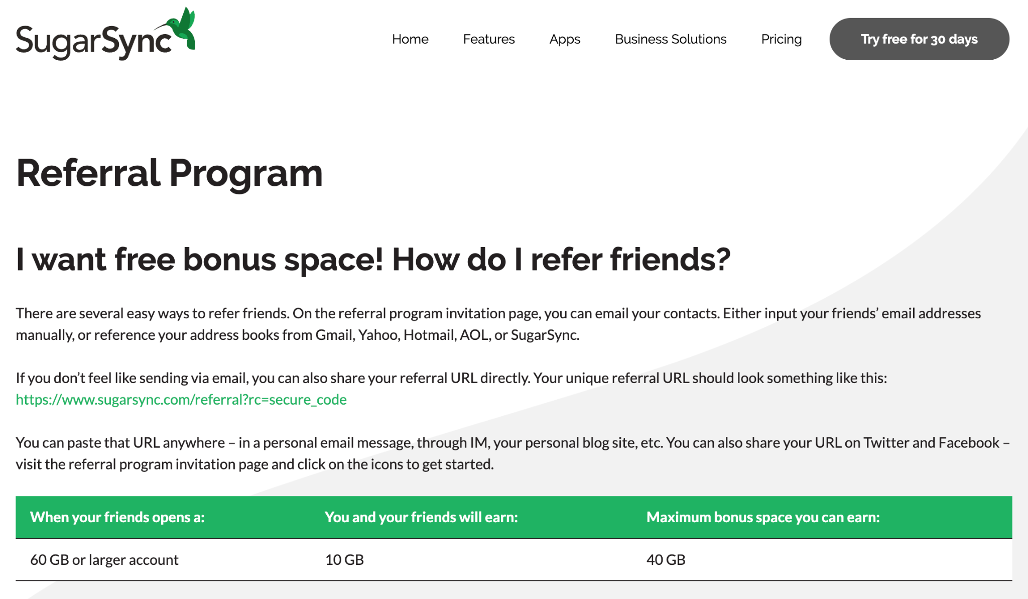 Homepage of SugarSync Referral Program