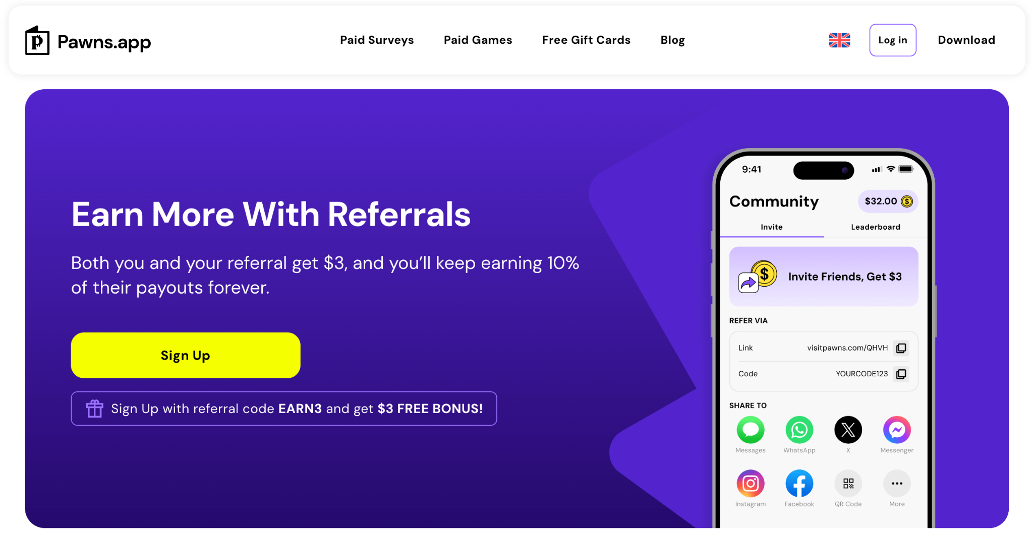 Homepage of Pawns.app referral program