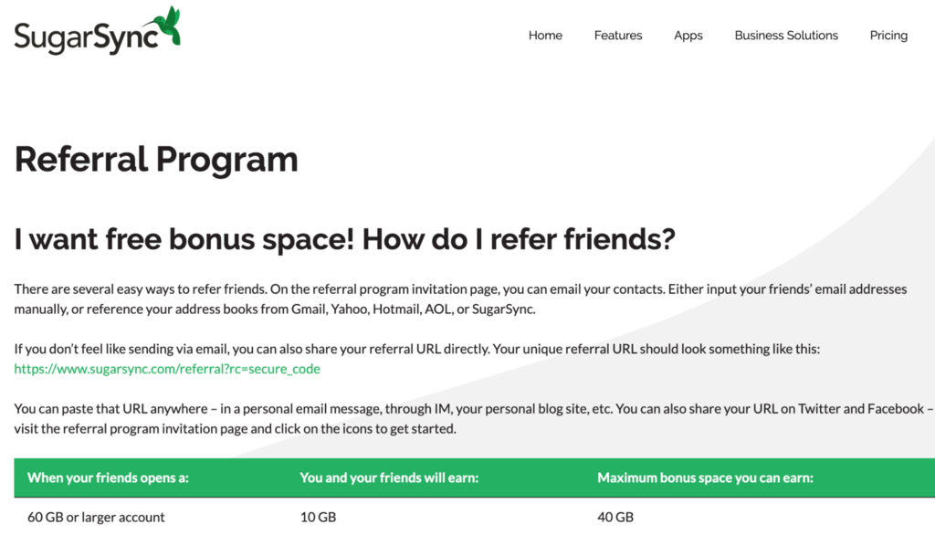 SugarSync referral program's FAQ page