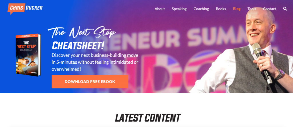 Chris Ducker's entrepreneurship blog. It offers a free cheatsheet for launching a business