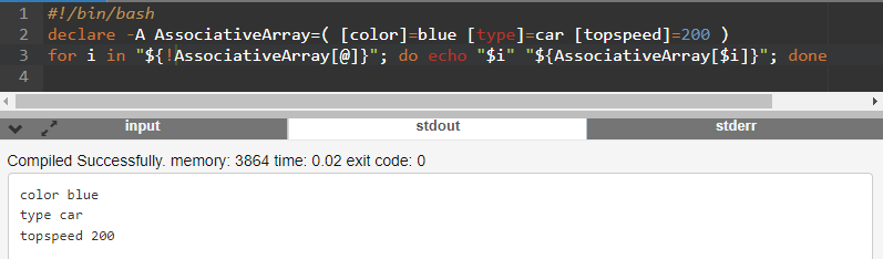 Command-line script to print out both elements and keys for an associative array