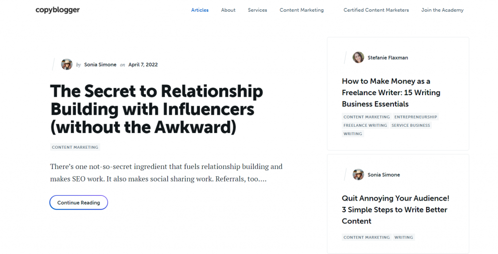 Copy Blogger, an entrepreneurship blog that offers content marketing learning resources