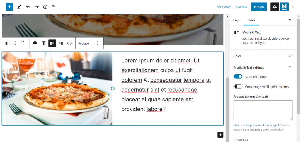 The Media & Text block where you can add an image with a description