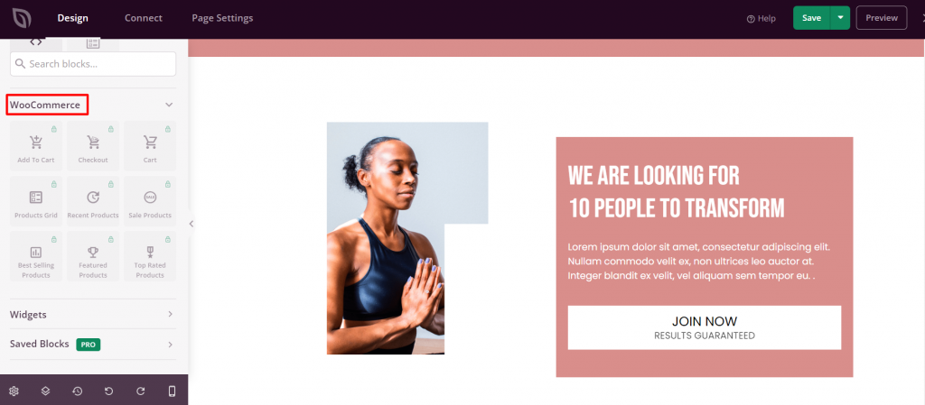 The WooCommerce blocks in SeedProd that enable you to create an interactive landing page for your eCommerce store