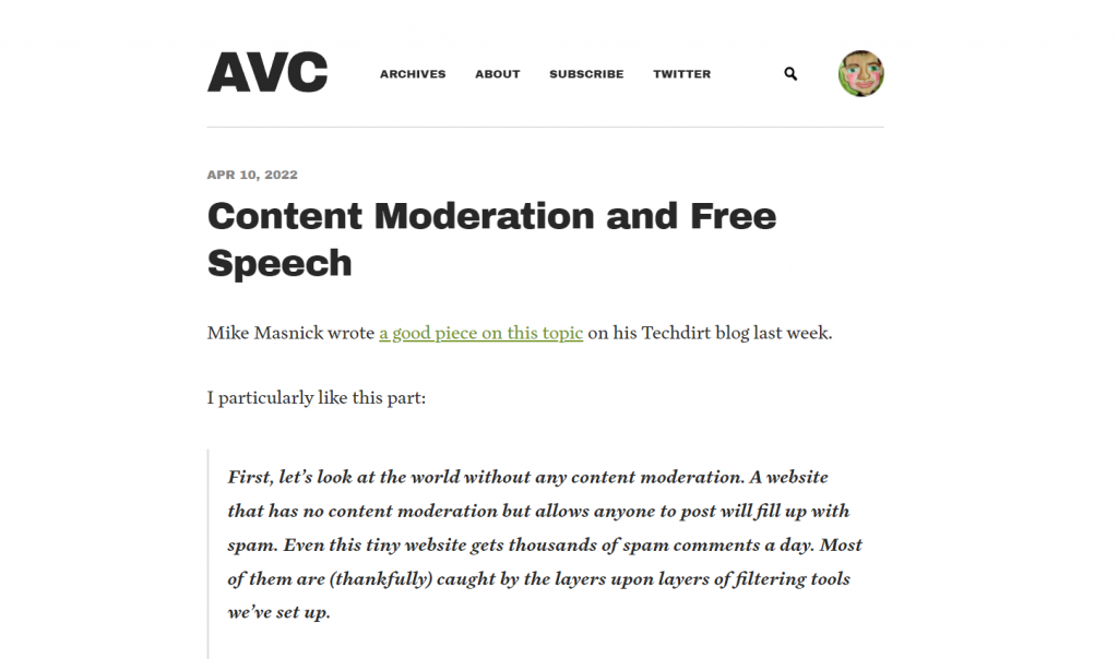 The homepage of A VC, an entrepreneurship blog that focuses on investment and blockchain