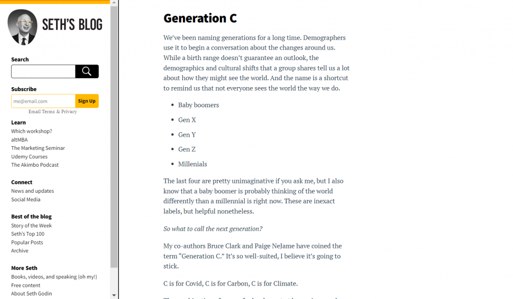 The homepage of Seth's Blog, an entrepreneurship blog that focuses on the marketing topic