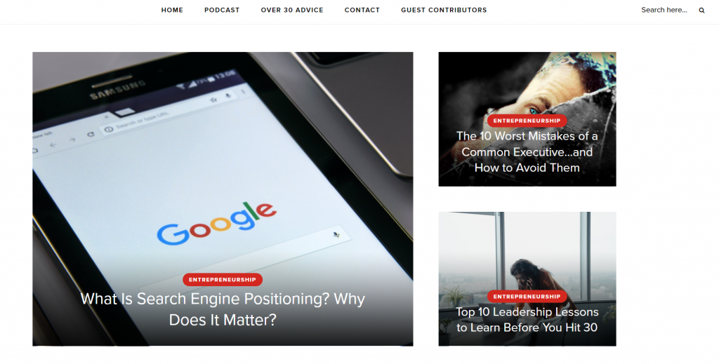 The homepage of Under 30 CEO, an entrepreneurship blog that provides business news and advice for young entrepreneurs