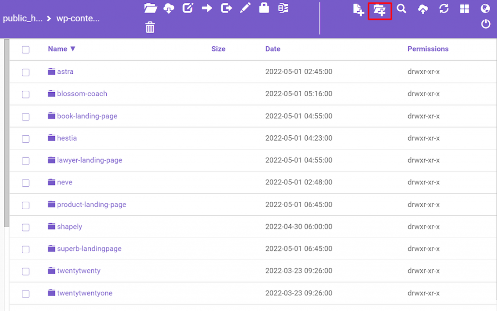 The themes folder in the file manager where you can add new folder to create a child theme
