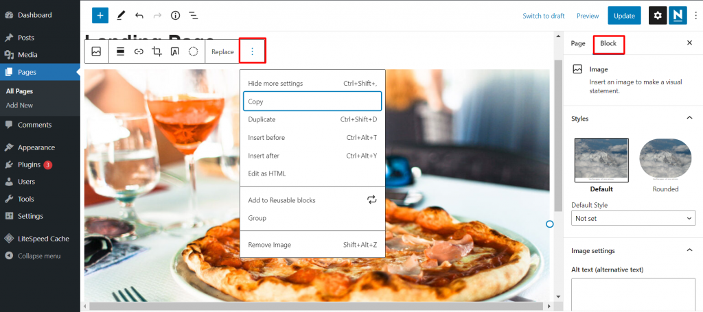 The three dots above the block that access the editor tools in the Gutenberg editor
