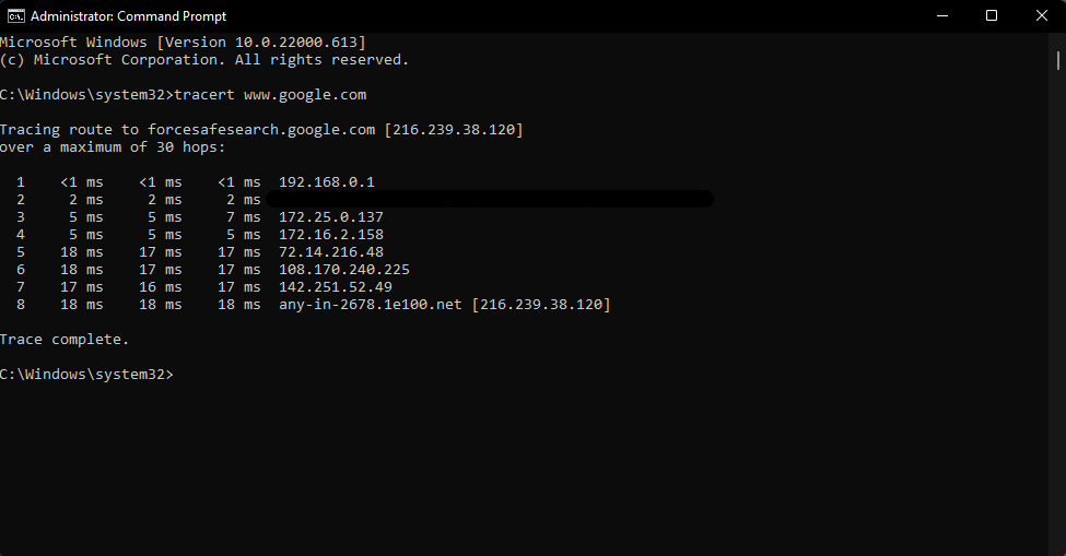 Windows tracert results to google.com