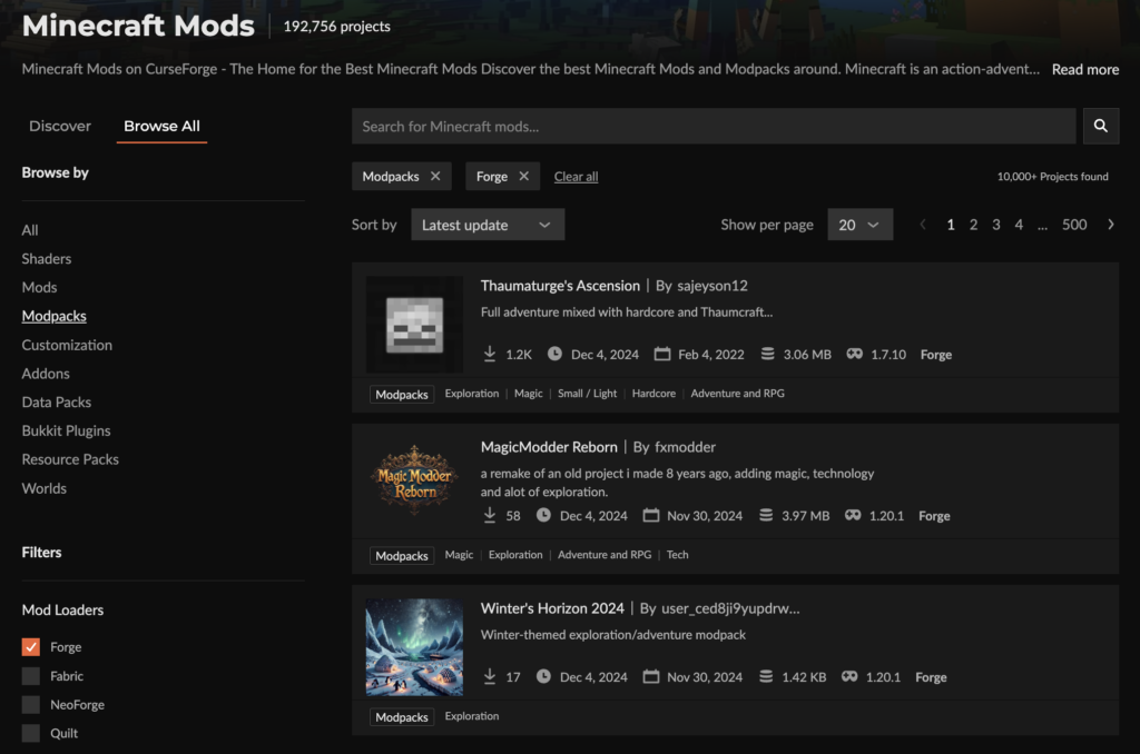 The modpack collections on CurseForge