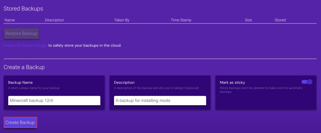 The Create Backup button in Game Panel