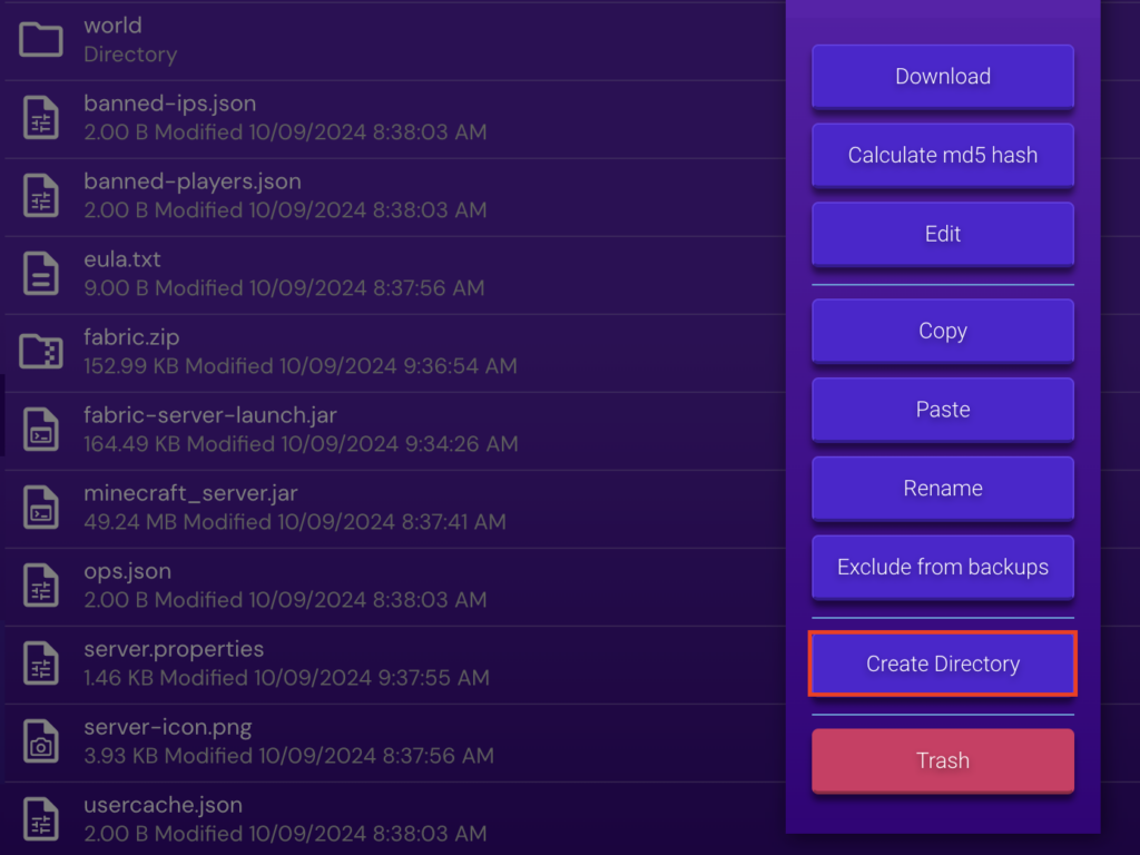 The Create Directory button in Game Panel's File Manager