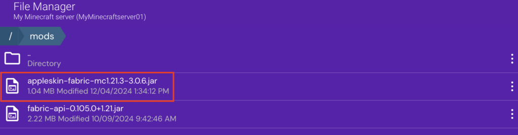 The uploaded mod in Game Panel's File Manager
