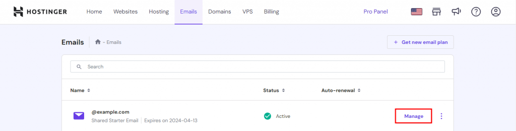 hPanel's Email tab with Manage highlighted