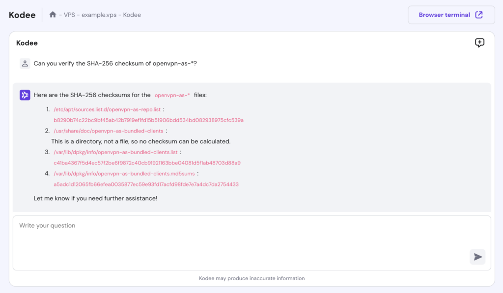 Kodee responds to a question about verifying the OpenVPN package's SHA-256 checksum