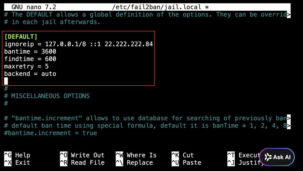 The [DEFAULT] section in jail.local with ignoreip and ban settings configured