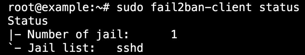 Fail2Ban client status output showing one active jail named sshd
