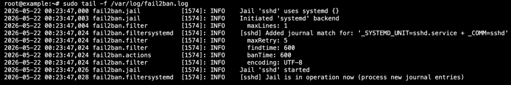 Fail2Ban log output showing the sshd jail started and operational