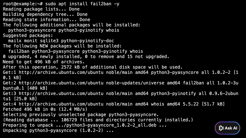 Terminal output of the sudo apt install fail2ban command on Ubuntu