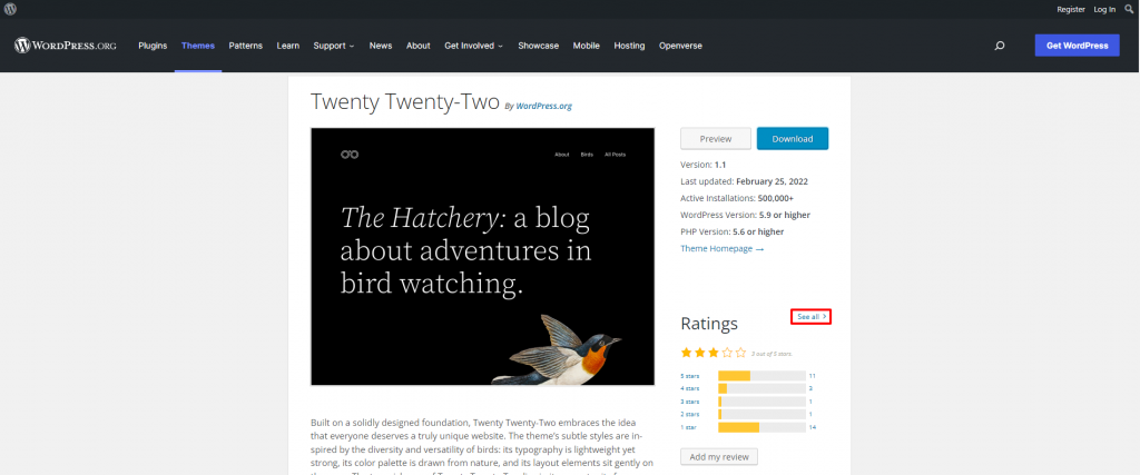 the See All link in the WordPress theme page