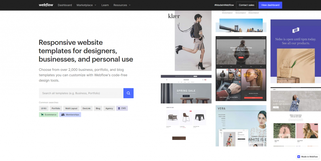Webflow's template library, letting users find the right template for their needs