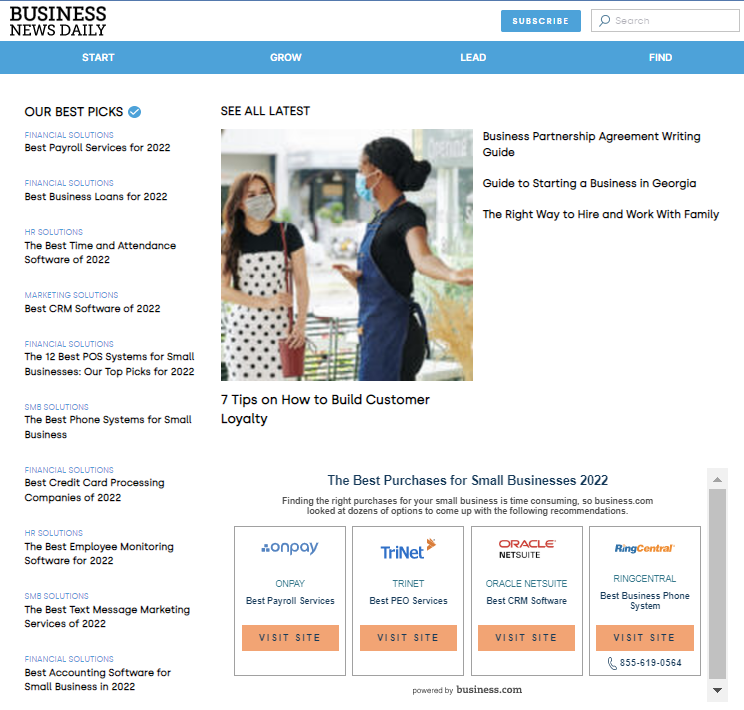The homepage of Business News Daily, a news site for small business owners