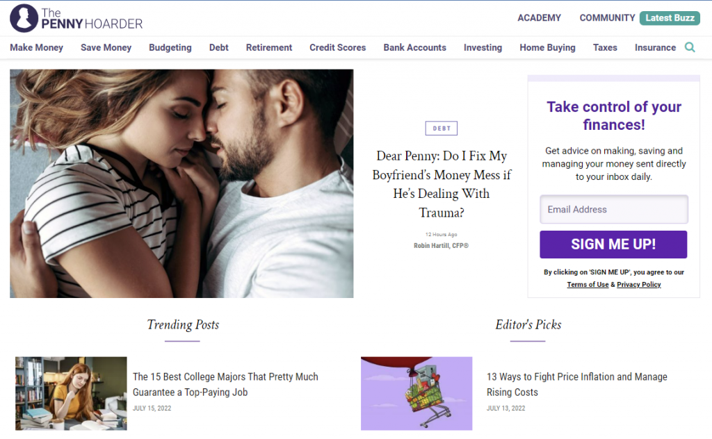 The homepage of Penny Hoarder, a personal finance media