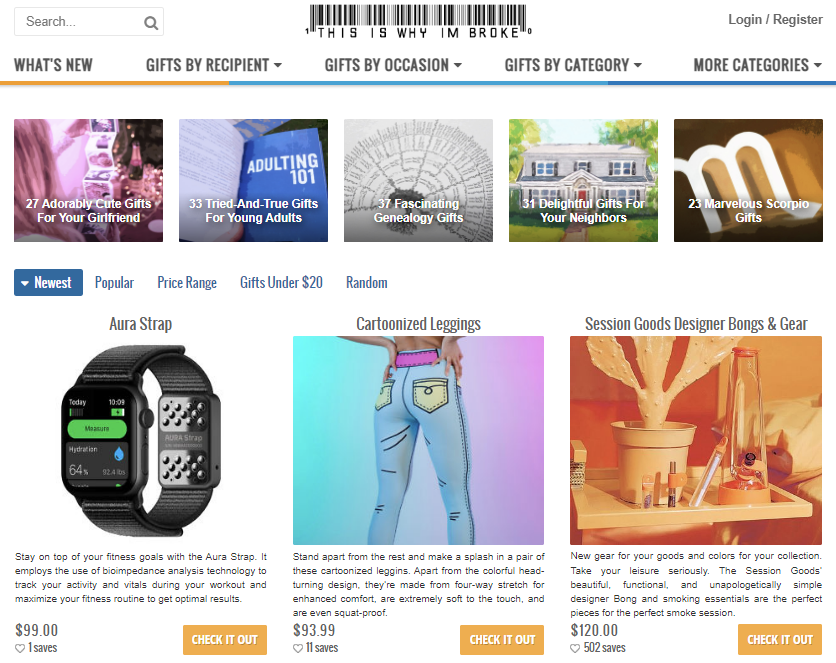 The homepage of This is Why I'm Broke, an affiliate marketing website that promotes unique gifts.