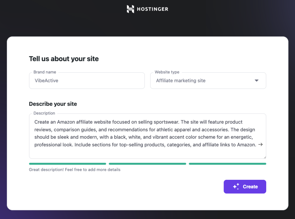 Hostinger AI Website Creation screen for Affiliate marketing site