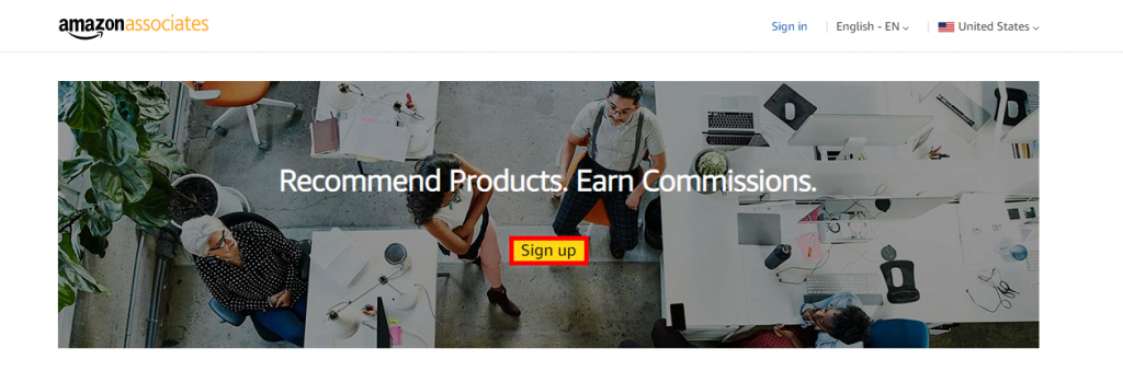 Sign up button on Amazon Associates homepage