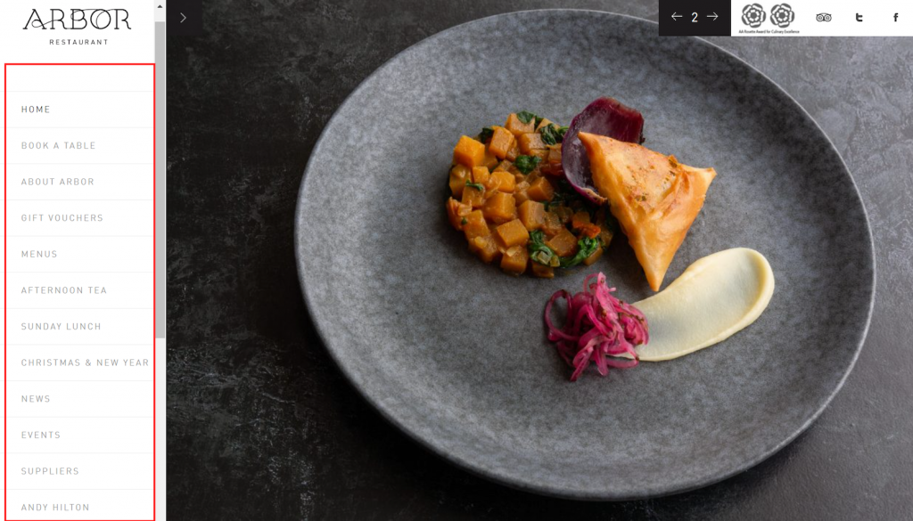 Arbor Restaurant's website uses a sidebar vertical menu