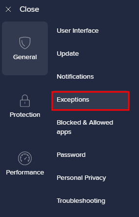 Choosing the Exceptions menu inside the Avast Antivirus application.