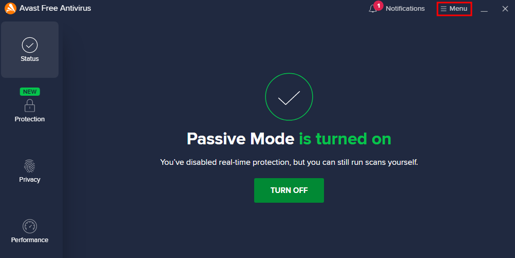 Choosing the Menu option on the Avast Antivirus application.