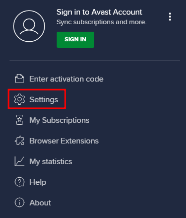 Choosing the Settings option inside the Avast Antivirus application.