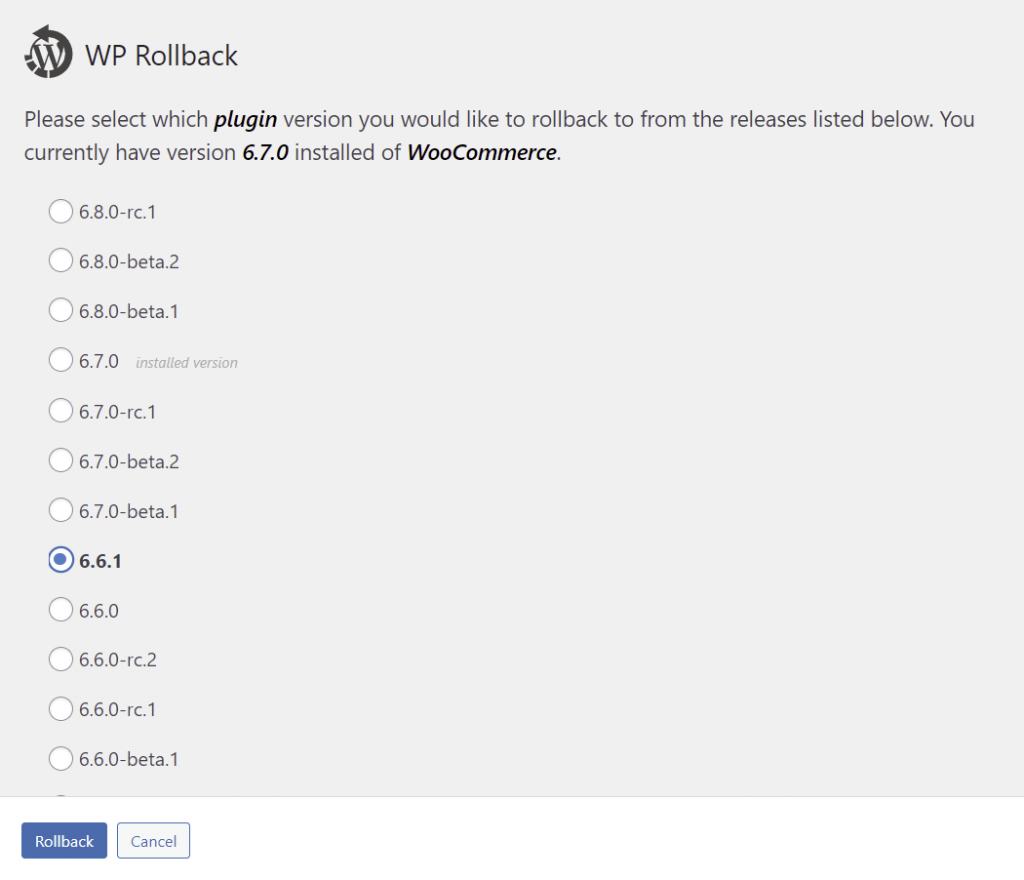 Choosing the target version of the chosen plugin you want to downgrade using WP Rollback