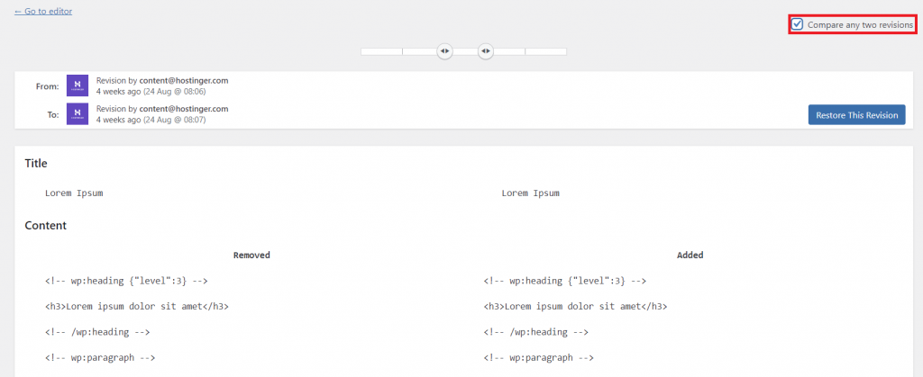 Compare any two revisions menu on WordPress revisions