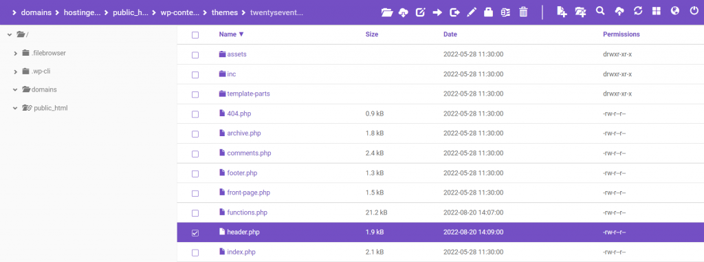 Locating the header file in the Twenty Seventeen's theme folder.