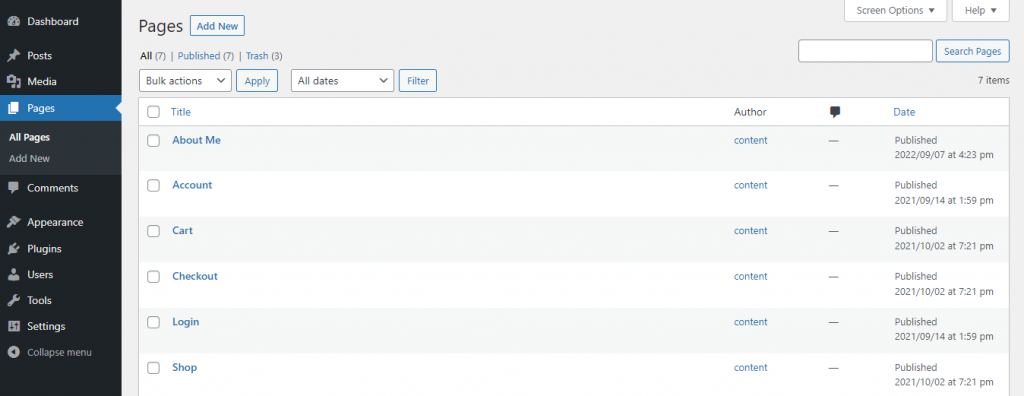 Pages page on WordPress dashboard