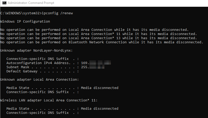 Renewing IP address via Command Prompt on Windows.