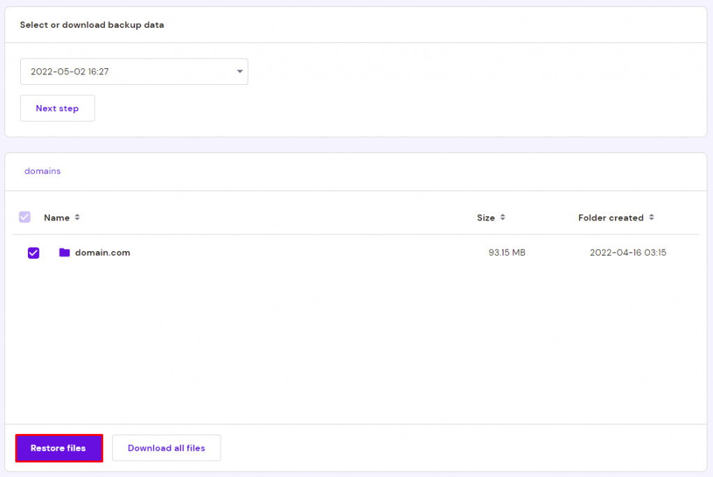 Restoring files from the chosen backup point
