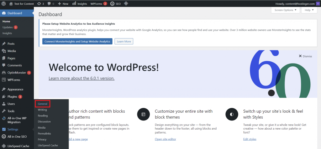 The general menu in WordPress settings